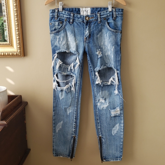 One Teaspoon Trashed Freebirds Distressed Low Rise Zipper Ankle Cropped Jeans 26 - Picture 4 of 10